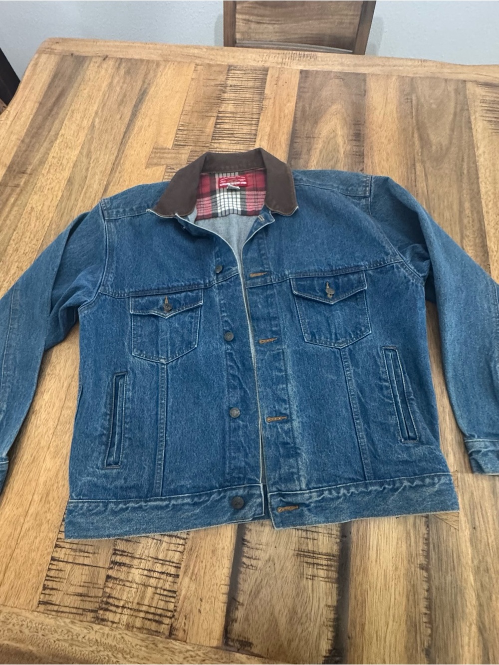 Men's Large Blue Denim Jacket with Brown genuine leather Collar